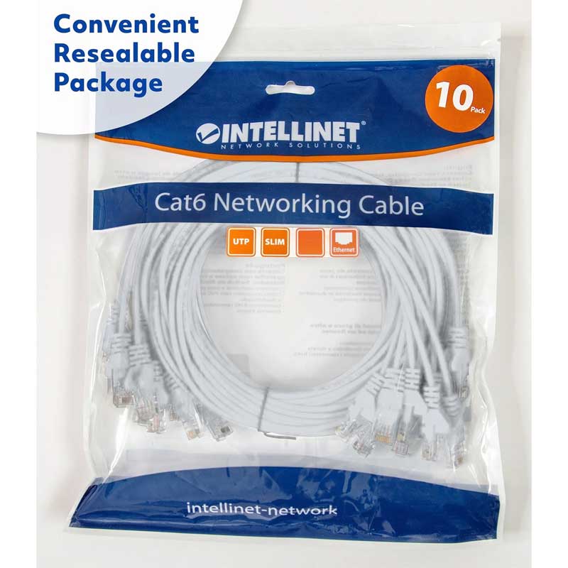 Intellinet Cat6 U/UTP Slim Network Patch Cable, 5 ft., White, 10-Pack - 744287