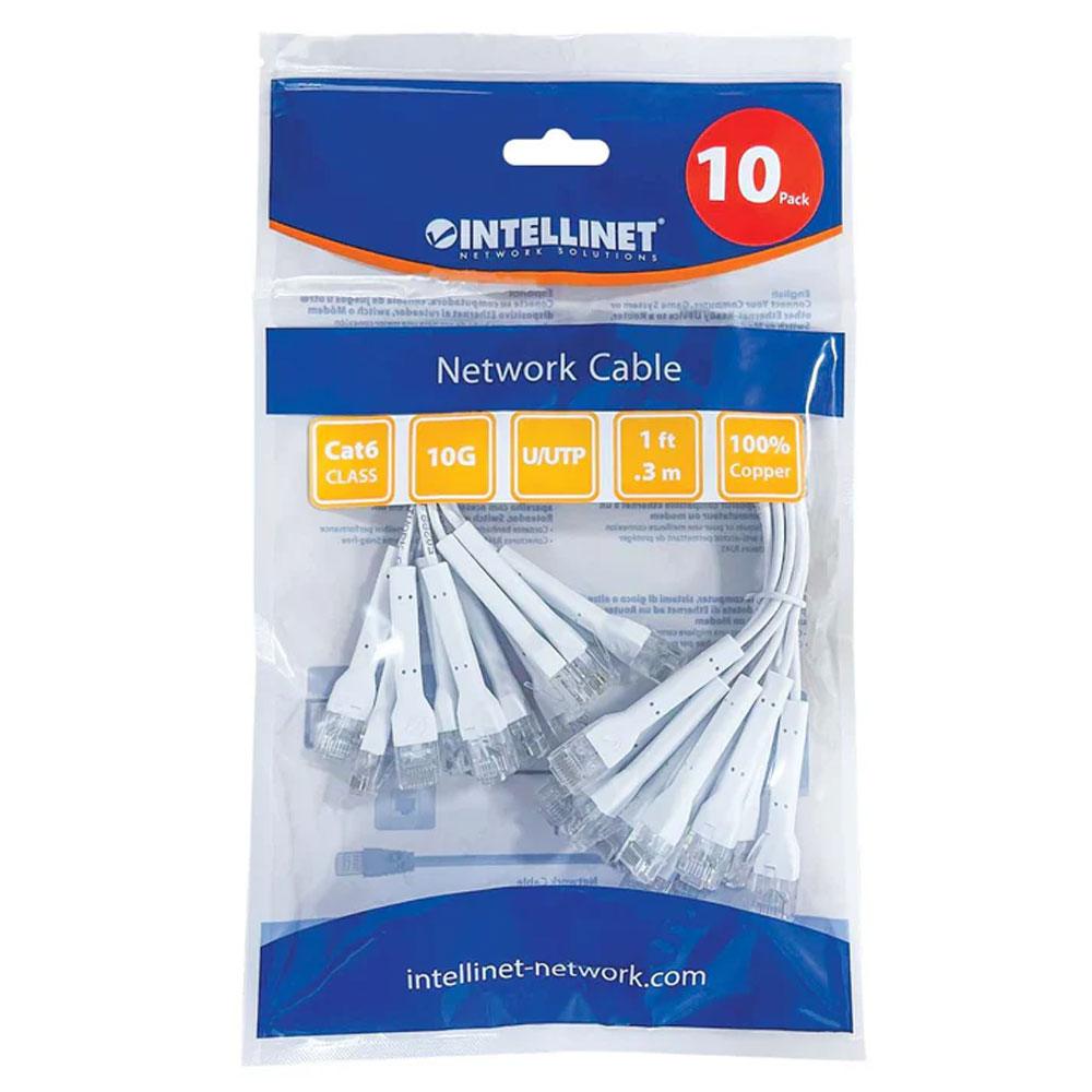 Intellinet Cat6 U/UTP FlexiBoot Slim Network Patch Cable, 1 ft., White, 10-Pack - 745284