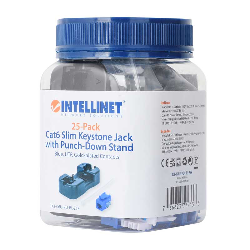 Intellinet IKJ-C6U-PD-BL-25P Cat6 Slim Keystone Jack with Punch-Down Stand, Blue, 25-Pack - 772136