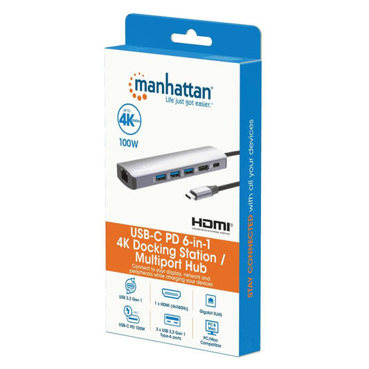 Manhattan USB-C PD 6-in-1 4K Docking Station with Multiport Hub - 153959