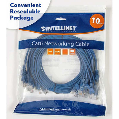 Intellinet Cat6 U/UTP Slim Network Patch Cable, 3 ft., Blue, 10-Pack - 742528