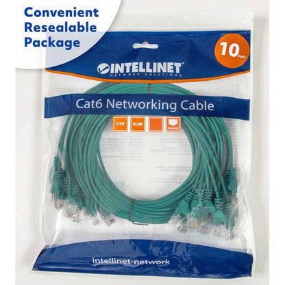 Intellinet Cat6 U/UTP Slim Network Patch Cable, 7 ft., Green, 10-Pack - 744232