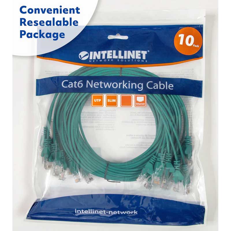 Intellinet Cat6 U/UTP Slim Network Patch Cable, 10 ft., Green, 10-Pack - 744249