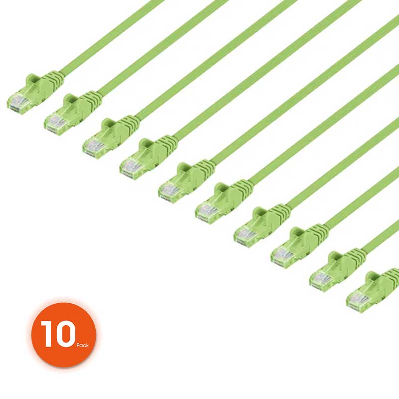 Intellinet Cat6 U/UTP Slim Network Patch Cable, 10 ft., Bright Green, 10-Pack - 744645