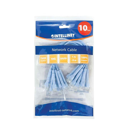 Intellinet Cat6 U/UTP FlexiBoot Slim Network Patch Cable, 1 ft., Blue, 10-Pack - 745222