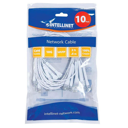 Intellinet Cat6 U/UTP FlexiBoot Slim Network Patch Cable, 2 ft., White, 10-Pack - 745291
