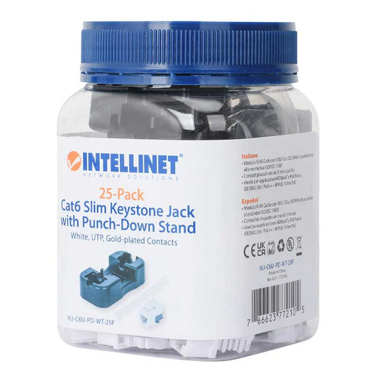 Intellinet IKJ-C6U-PD-WT-25P Cat6 Slim Keystone Jack with Punch-Down Stand, White, 25-Pack - 772105