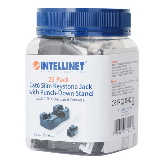 Intellinet IKJ-C6U-PD-BK-25P Cat6 Slim Keystone Jack with Punch-Down Stand, Black, 25-Pack - 772129