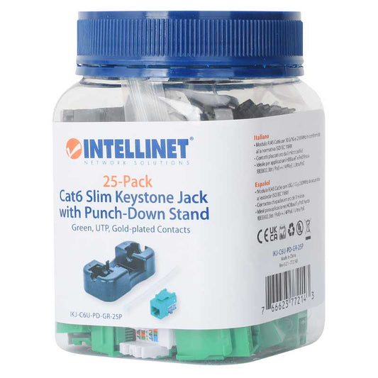 Intellinet IKJ-C6U-PD-GR-25P Cat6 Slim Keystone Jack with Punch-Down Stand, Green, 25-Pack - 772143